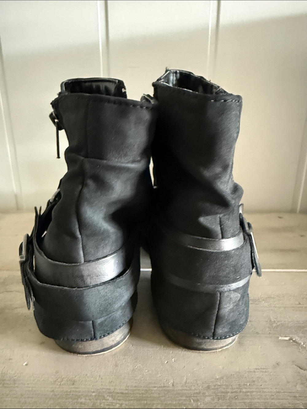 Women's Suede Moto Black Ankle Boots with Buckle Strap - Picture 6 of 7
